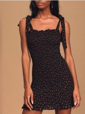 Free People Bella Black Floral Print Smocked Tie-Strap Bodycon Mini Dress